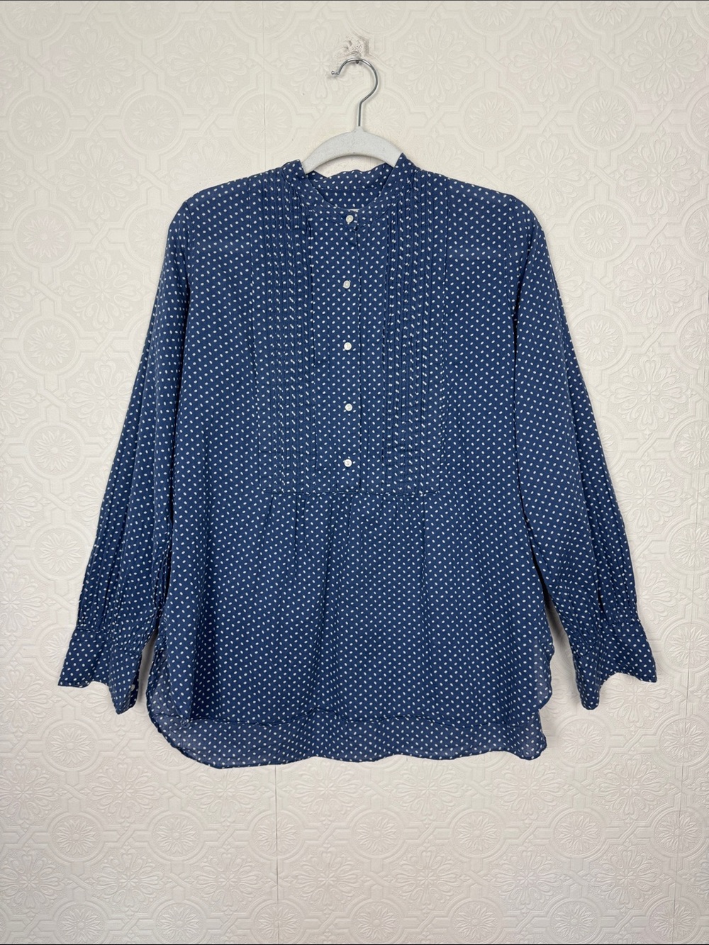 Nili Lotan Peasant Blouse Blue White Polka Dot Cotton Size XS Quiet Luxury